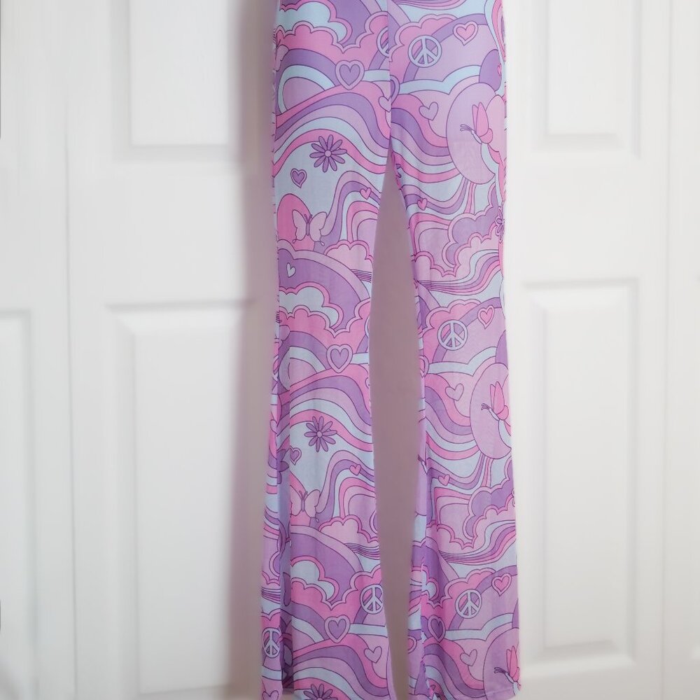iHeartRaves "Free Spirit Cutie" Mesh Bellbottom Pink/Purple Pants SIZE SMALL
